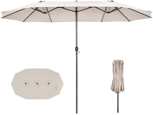 GOPLUS Grand Parasol de Jardin Exterieur, 4,7M Parasol Rectangulaire Double Face avec Manivelle, 12 Baleines, Résistant aux UV, pour Balcon Plage Jardin, Base Non Incluse (Beige)