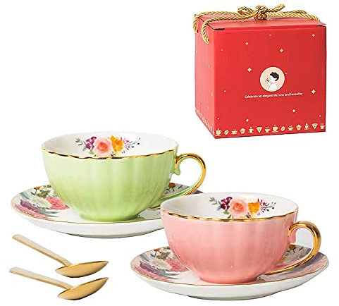 Porcelain Tea Cup with Saucers and Spoon, 2 Sets of 8 Oz Floral Coffee Mug with Gold Trim Holder, Royal Ceramic Teacup Set, Espresso Latte Mugs for Wedding Birthday Table Supplies (Pink + Apple Green)