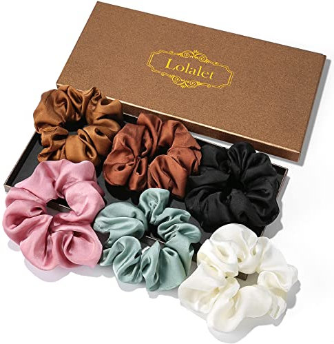 (6 Stück) Lolalet Haargummis Seide Scrunchies Satin für Damen, Haargummi Weich Elastisch Silk Skrunschis Groß für Damen Frauen Mädchen 6 Farben -Braun,Schokolade,Flieder,Grün,Weiß,Schwarz