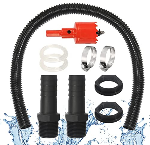 Set di Collegamento per bidoni dell'Acqua piovana, 2 passacavi da 1 Pollice con Bocchetta per Tubo Flessibile da 100 cm, Tubo di Collegamento da 25 mm, 2 Fascette stringitubo per Acqua piovana
