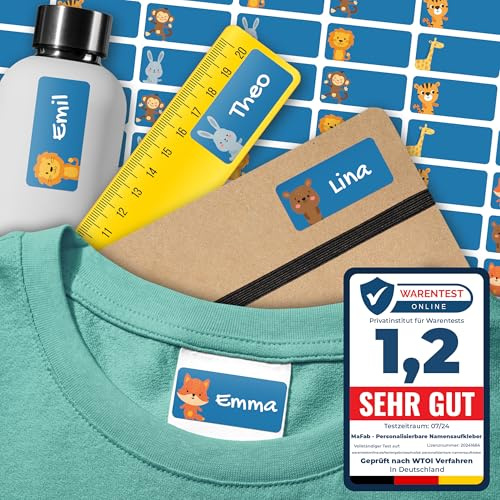 Namensaufkleber für Kinder (54 Stk. 30x13 mm) - Wasserfeste Namensschilder für Kleidung, Textilien und Gegenstände - Optimal für Kita, Kindergarten und Schule - Schöne Motive personalisierbar