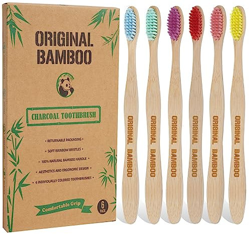 Original Bamboo Zahnbürsten (6 Stück) nachhaltige, biologisch abbaubare umweltfreundliche natürliche Holzkohle-Zahnbürste für Zahnhygiene, Zahnfleischpflege, BPA-freie weiche Borsten (6)