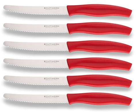 ECHTWERK Coltello da pane, pratico coltello da colazione da 6 pezzi, in acciaio inox con bordo seghettato, adatto per panini, baguette e torte, manico ergonomico in plastica, rosso