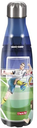 Step by Step Isolierte Edelstahltrinkflasche „Soccer Ben blau - grün, Fußball, für kohlensäurehaltige Getränke, auslaufsicher, Schraubverschluss, 100% recycelbar, Schule & Freizeit, 0,5 Liter