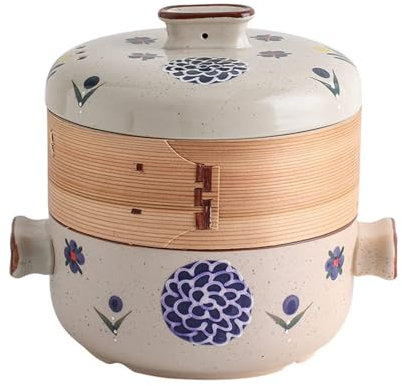 RSBFER Japanese Casserole Pot with Bamboo Steamer Basket, Ceramic Casserole Clay Pot Steam Stew Pot for KitchenCooking,B,2.5L