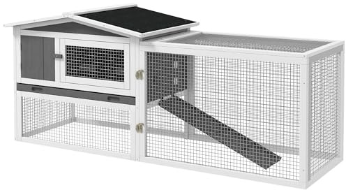 PawHut Rabbit Hutch with Run Wooden Guinea Pig Hutch Outdoor Bunny Cage Hide House with Sliding Tray, Hay Rack, Ramp, 156 x 58 x 68cm, Grey