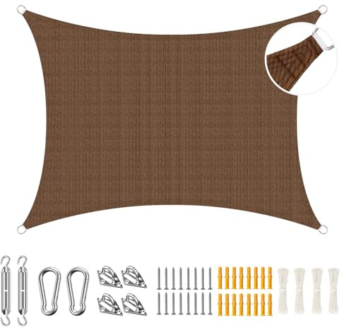 Duerer 3x4m Vela Ombreggiante con Kit di Fissaggio, Rettangolare Tenda a Vela Protezione UV per Esterno Giardino Terrazza-Marrone