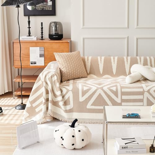VClife Bohemian Sofa Cover, Oversize Couch Cover for Dog, Non Slip Couch Cover Washable for 3-4 Cushion Couch Sofa Pet Furniture Protector, Beige Khaki Checkered Futon Cover Slip Cover, 91''x150''