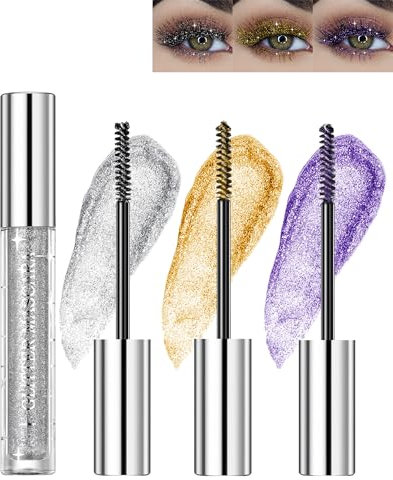 4D Glitter Gold Silver Lila Pestañas Rímel Impermeable, 3 Colores Dorado Plata Púrpura Glitter Telescopic Waterproof Mascara Extensible, Voluminosa,Durable Diamond Brilla Ojos Maquillaje