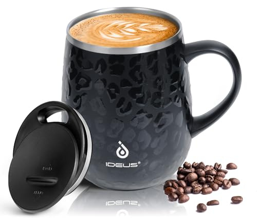 Ideus 460ml Insulated Coffee Mug with Lid and Handle (Leopard Black) | Double wall stainless steel; thermal cup; keeps drinks hot or cold; ideal for home office travel
