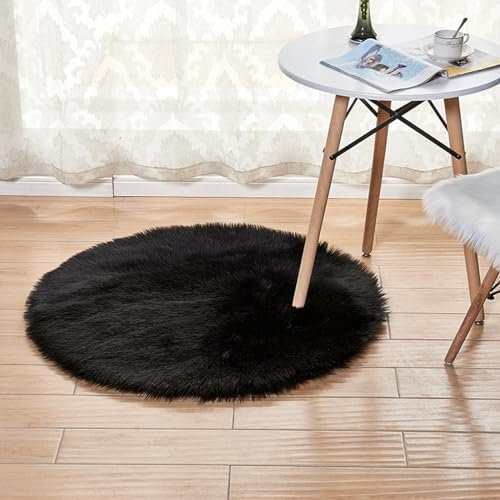 YUGWNN Schwarz Flokati Teppich Waschbar Bettvorleger Fell,Kunstfell Stuhlauflage Dekofell,Runder Durchmesser 90cm/35,4in