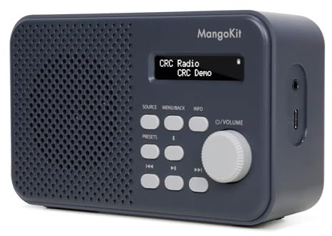 MangoKit MD2 Radio DAB con Bluetooth, radio digitale portatile, alimentata a rete e a batteria, radio FM da cucina, display, 40 stazioni preimpostate, sveglie, orologio, Snooze, cuffie - grigio scuro