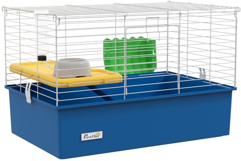 PawHut Chinchillas Kleiner Kaninchen Meerschweinchen Kleintierkäfig Haustier Spielhaus mit Plattform Rampe Futter Schüssel Wasserflasche 71 x 46 x 47 cm Blau