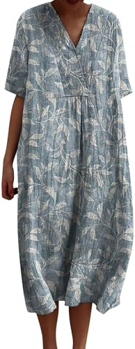 Muslinklänning dam V-ringad 3/4-ärm sommarklänning avslappnad klänning lång skjorta klänning lång blus sommarskjorta strandklänning lös tunika klänningar blus klänning tunika boho-klänning dam blommig