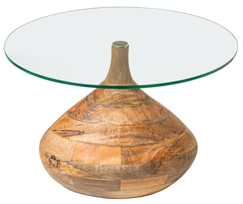 DRW Table Basse Ronde en Verre et Bois Transparent et Naturel 57 x 57 x 39 cm, 57x57x39 cm
