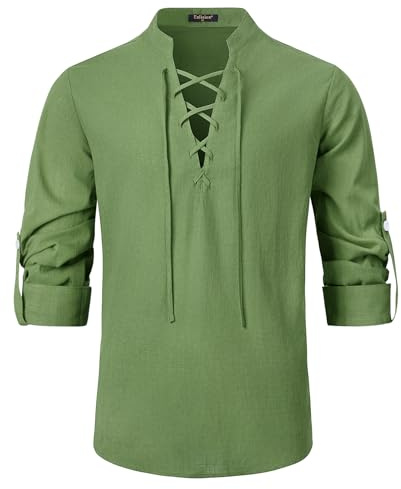 Enlision Camisas de Lino para Hombre Retro Medieval Renacimiento Cordón Henley Camisa Escocesa Ghillie Camisas de Manga Larga