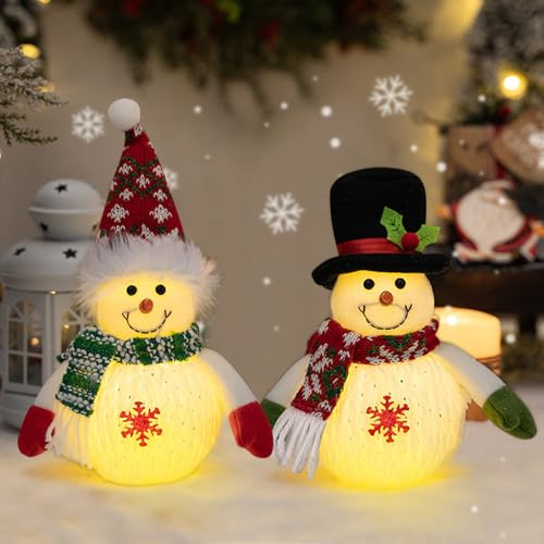 Lot de 2 figurines de bonhomme de neige avec lumière LED - Décoration de table de Noël - Fonctionne avec piles - Pour l'intérieur de la cheminée, du bureau, de la chambre