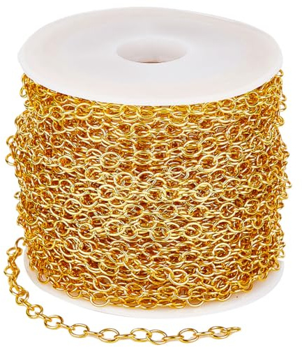 SUNNYCLUE 33 Feet/10M Brass Cable Chain Jewellery Chains Roll 4 x 3mm Golden Metal Oval Extension Pull Connectors Link Chains with Plastic Spool for Jewellery Making Necklace Bracelet Crafts Supplies