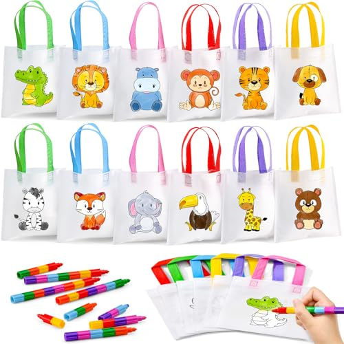 Toyssa 12pcs Bolsas para Pintar para Niños con Crayones Apilables Set Manualidades DIY Detalles de Fiesta Regalos para Cumpleaños Regalitos Cumpleaños Invitados Niños (animal)