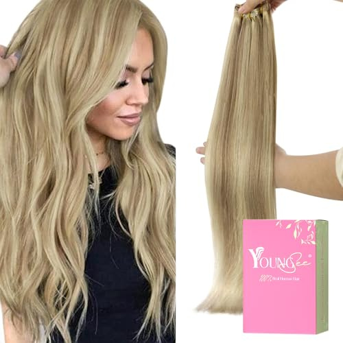 YoungSee Echthaar Extensions Clip Blond 7 Stück 80g Clip in Extensions Echthaar Goldblond Strahnchen Mittelblond Clips-in Hair Extensions Echthaar Blond für Damen 30 cm 16/22
