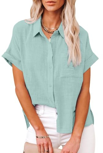 Friptspyg Bluse Damen Blusen & Tuniken Lässiges Kurzarm Hemdbluse Sommer V-Ausschnitt 100% Baumwolle Solide Blusenshirt Elegant Oberteile mit Tasche, Blau Grün L