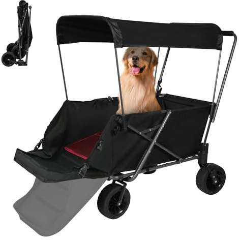 REDCAMP Chariot pliable pour chien avec toit arrière extensible, capacité de charge de 136 kg pour grands chiens, roues tout-terrain avec freins, pour camping, jardin en plein air, tissu Oxford 600D