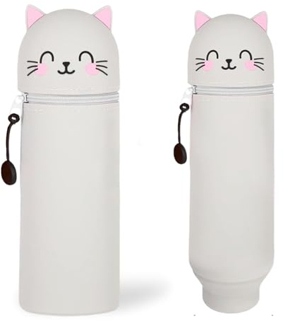 LINYIJOY Silikon Federmäppchen 2-in-1 Katze Kawaii Federmäppchen, Cartoon Federmäppchen Weiche Silikontasche Tier Stifthalter Stand Up Federmäppchen, Stifte Mäppchen für Mädchen Jungen (graue)