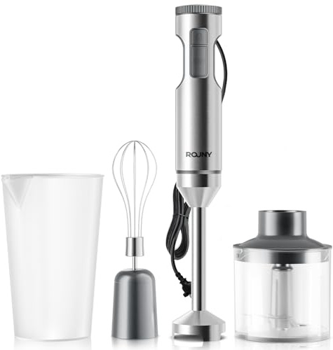 ROUNY 1200W 4-in-1 Immersion Hand Blender with 700ml Beaker, Egg Whisk & Food Chopper - Powerful Electric Stick Blender for Pureeing, Chopping, Whipping Soups, Baby Food, Sauces