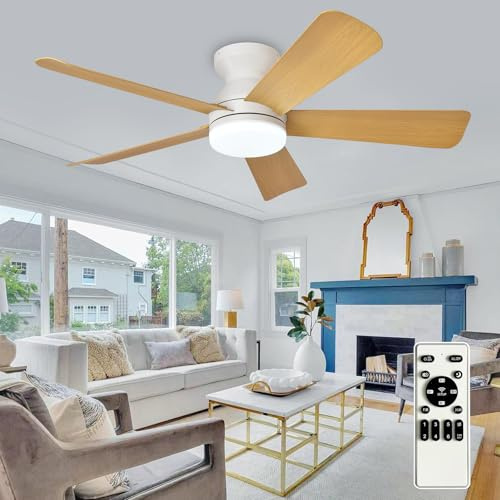 Depuley Ventilateur de plafond moderne avec lumière : 42 pouces blanc Petits ventilateurs - Ventilateurs de plafond à gradation avec télécommande 5 pales en bois réversibles 6 vitesses Minuterie