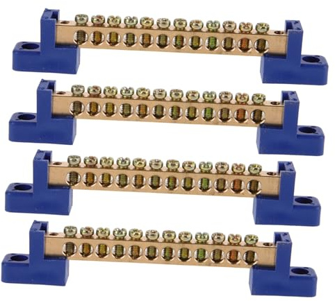 Barra Colectora de Cobre Azul para Caja de Distribución, 4 Piezas | 12 Orificios y Posiciones de Terminal, Cobre y Plástico, Color con Variación, Regleta Tierra