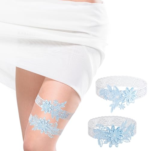 Jarretière de Mariage pour les Mariées Dentelle Jarretelle de Mariage Élastique Jarretière de Mariée pour Femmes Filles Lot de 2 Bleu