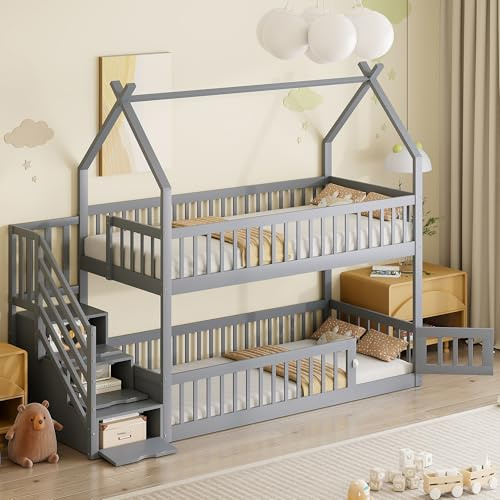 Merax Etagenbett 90x200 cm mit Dach, Kinderbett mit Sicherheitstreppe, Holzeinzelbett mit Stauraumbett für Kinder und Jugendliche, Multifunktional, Platzsparend, Holzstruktur, Grau (Ohne Matratze)
