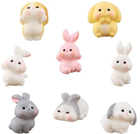 Falafoty 8Pcs Rabbit Figures Toys Bunny Cake Topper, Miniature Rabbit Ornament Easter Bunny Figurines Easter Decoration, Rabbit Fairy Garden Moss Landscape DIY Playset Kids Birthday Party Supplies (B)