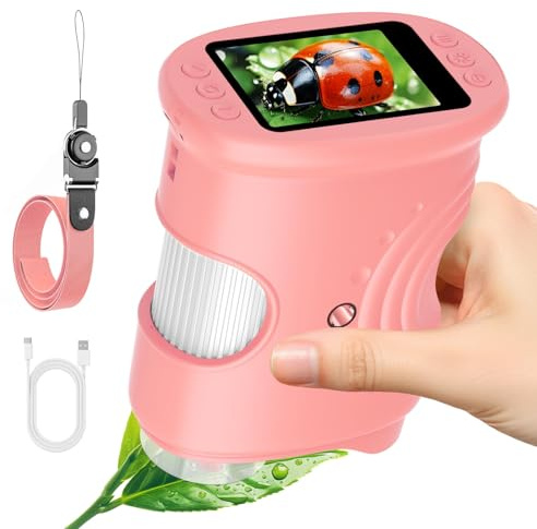 1000X Handheld Digital Microscope for Kids with 2.0 IPS Screen, Girl Outdoor Gifts Portable STEM Science Lab Toy, Rechargeable Pocket Microscope Educational Gift for Girls Age 4-6 8-12, Pink