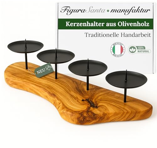Figura Santa Kerzenhalter aus Olivenholz- handgefertigter Kerzenhalter für 4 Kerzen, hochwertiger Kerzenständer aus Italien (35-39cm)