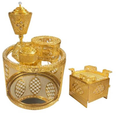 Traditional Ethiopian Habesha Rekebot Coffee Table Set, Gold, Decorative Metal Design with Intricate Pattern, Ceremonial Style