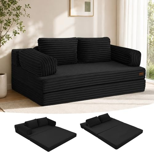MeMoreCool Cord Schlafsofa Klappbares Bodensofa 3-in-1 mit Kissen Schwarz | Bequemes Schlafsofa mit Kissen und Schlaffunktion, Ideal als Lounge Sofa für Schlafzimmer, Wohnzimmer und Kleine Räume