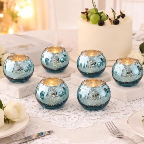 6 Stück Blau Quecksilber Glas Teelicht Kerzenhalter für Tabelle Tafelaufsätze, Haus, Brautdusche, Geburtstag, Party Tischdekoration (6, Blau)