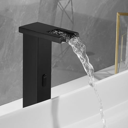 XJTNLB Wasserhahn Bad mit Sensor Batterie Waschbecken Armaturen Infrarot Waschtischarmatur Wasserfall Hochbatterie Messing,Schwarz