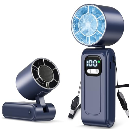 Ventilateur portable 3 en 1, 16 000 tr/min, batterie rechargeable 5000 mAh, 5 niveaux de vent et réglage en continu, longue durée de vie de la batterie jusqu'à 16 heures (bleu foncé, avec