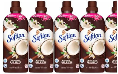 6tlg. STUDIO.MUNET Set: 5x650ml Softlan Weichspüler / Bouquet der Düfte / Kokos & Weisse Blumen / Kokosduft / 135 WL / Mini-Bag von STUDIO.MUNET