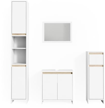 Vicco Badmöbel-Set Emma, Weiß/Sonoma, 58 cm | besteht aus Waschbeckenunterschrank, Spiegelschrank, Hochschrank und Midischrank