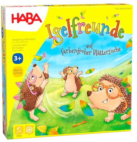 HABA 305587 – igelkottvänner, tärningsspel för 2-4 spelare från 3 år, omfattande spelmaterial med igelkott figurer och blad för insättning