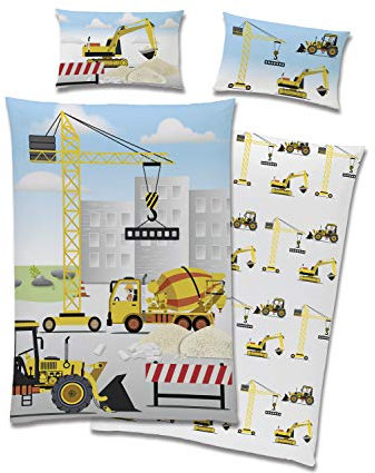Baby Bettwäsche aus 100% Baumwolle Oeko-Tex mit Reißverschluss · Deckenbezug 100x135 Kissenbezug 40x60 cm · Kinderbettwäsche mit Baustellen Motiv, weiß & hellblau, maschinenwaschbar