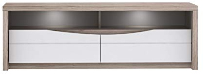 FORTE Saint Tropez TV-Unterschrank mit 2 Schubladen, Holzwerkstoff, Weiß Glanz kombiniert mit Sandeiche Dekor, 52,7 x 147,7 x 49,3 cm