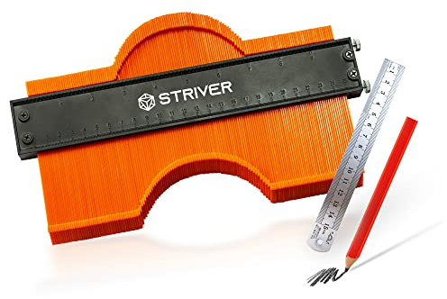 Striver 10” Contour Duplication Gauge with Advanced Adjusting Screws and Lock System, Precise Accuracy, Corner Measuring, Angle Template Duplication Tracing, Includes a Carpenter’s Pencil, Steel Ruler