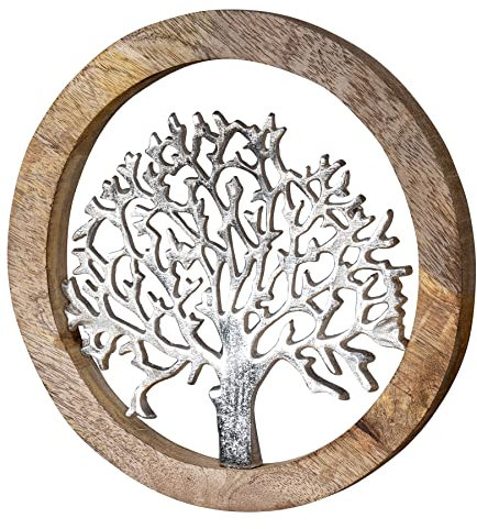 levandeo Wandbild Ø25cm Lebensbaum Metall Holz Mango Silber Braun Bild Wand-Deko Hänger Wandhänger Wandobjekt