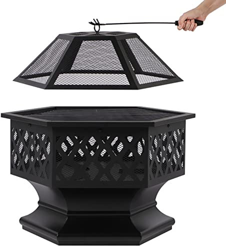 CCBUY braciere per esterni, portatile in acciaio per interni, multifunzionale in ferro da stiro, riscaldatore esagonale da giardino con rete di protezione per scintille pozzette copertura (diametro