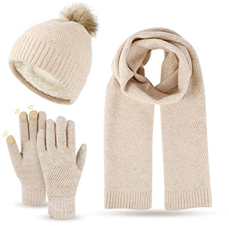 Donna Cappello con Pompom Sciarpa e Guanti Touch Screen Unisex Invernali Berretto in Maglia con Sciarpa Beanie 3 Pezzi Regalo Natale per Uomo Donna