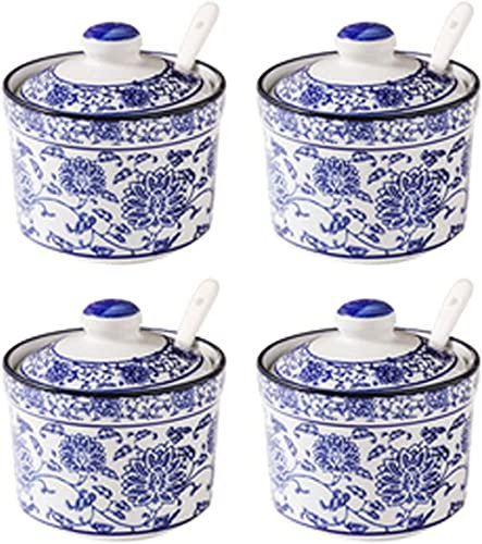 Tarro de cerámica, azucarero de porcelana azul y blanca china con tapa, azucarero de porcelana con cuchara, salero pequeño, for barra de café, restaurante, azul y blanco, tarros de condimento individu